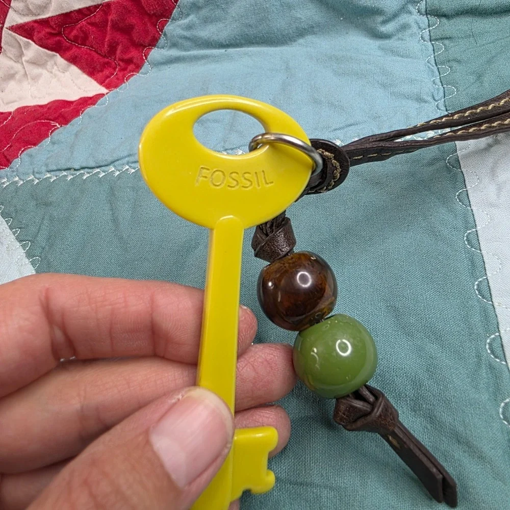 Fossil Yellow Skeleton Key Bag Charm Leather Strap Beaded Fob
